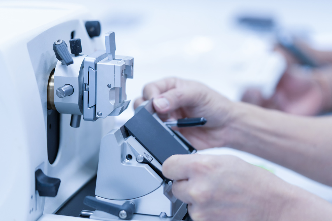 Rotary Microtome Section for diagnosis in pathology make microscope slide pathology. Human tissue equipment.